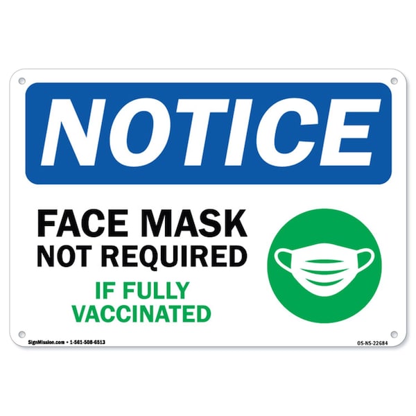 PSA, Notice, Face Mask Not Required If Fully Vaccinated, 18in X 12in Rigid Plastic, NS-P-1218-22684